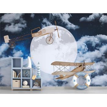 Gökyüzünde Ay ve Uçaklar Çocuk Odası Duvar Kağıdı