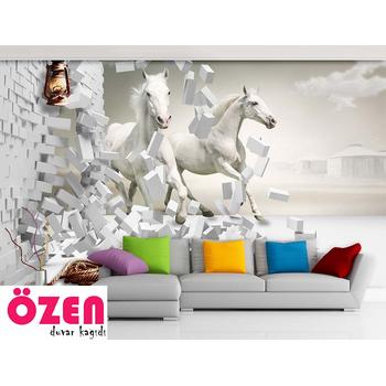3 Boyutlu Koşan Beyaz Atlar Duvar Kağıdı