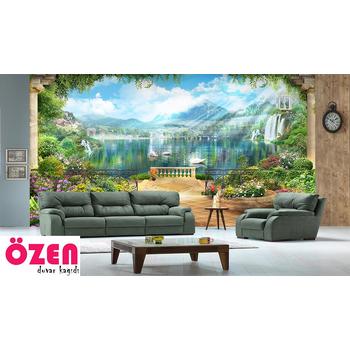 3 Boyutlu Sütunlar - Göl ve Kuğular Duvar Kağıdı