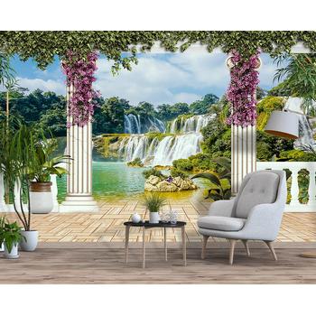 3 Boyutlu Sütunlar Arasından Şelale Manzarası Duvar Kağıdı