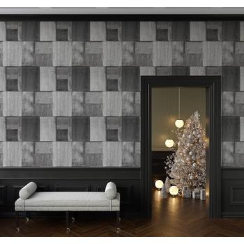 3 Boyutlu Siyah Beyaz Ahşap Kareler Duvar Kağıdı 5 m² Rulo