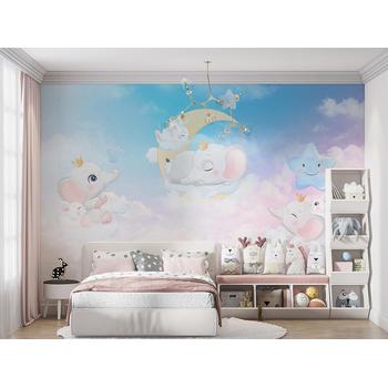 Bulutlar Üzerinde Mutlu Filler Çocuk Odası Duvar Kağıdı