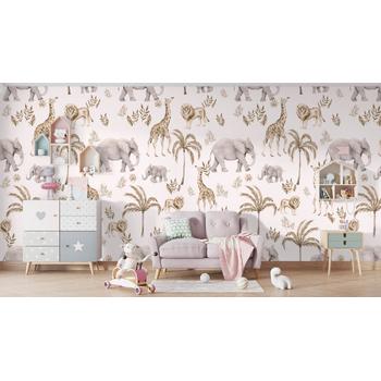Çocuk Odası Bulutlu Duvar Kağıdı, Palmiye Ağaçları ve Safari Hayvanları