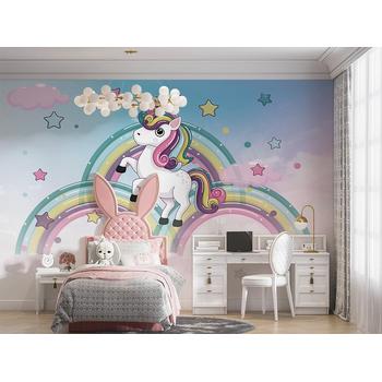 Gökkuşakları Üzerinde Unicorn Çocuk Odası Duvar Kağıdı