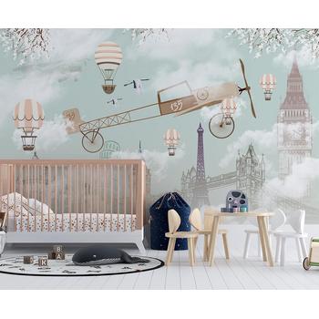 Kanatlı Uçak ve Uçan Balonlar Çocuk Odası Duvar Kağıdı