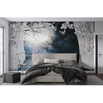 Perdeli Gece Ay Manzarası Duvar Kağıdı