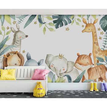Sevimli Hayvanlar Tropikal Yapraklar Çocuk Odası Duvar Kağıdı