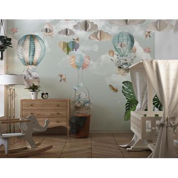 Sevimli Tavşanlar Gökyüzünde Su Yeşili Çocuk Odası Duvar Kağıdı