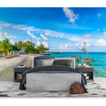 Tropikal Sahil Manzarası Yeşil - Mavi Manzara Duvar Kağıdı