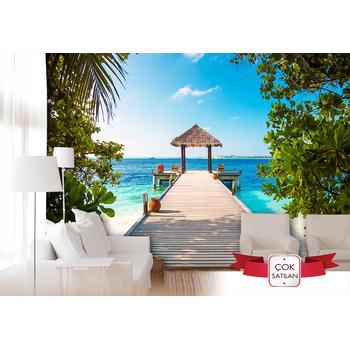 Tropikal Sahilde 3D iskele Duvar Kağıdı