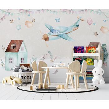 Uçak ve Evler Çocuk Odası Duvar Kağıdı