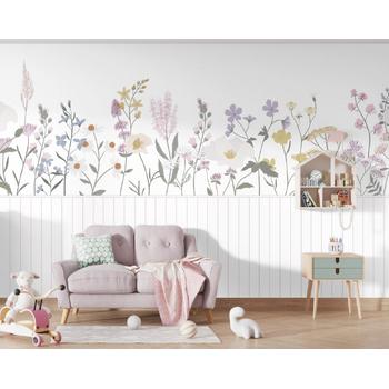 Alt Kısımları Ahşap Desenli Üst Kısımları Renkli Çiçekli Duvar Kağıdı