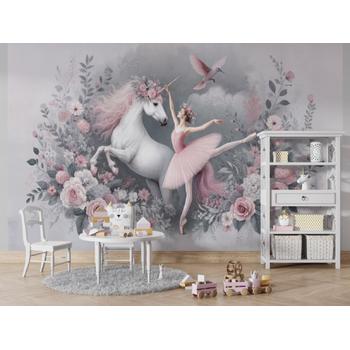 Çiçekler Arasında Unicorn ve Balerin Kız Duvar Kağıdı