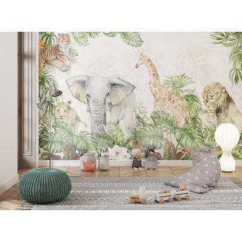 Çocuk Odası Safari Hayvanları Duvar Kağıdı , Fil , Zürafa  , Aslan , Kaplan