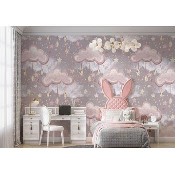 Kız Çocuk Odası Duvar Kağıdı Pembe Bulutlar ve Damlalar