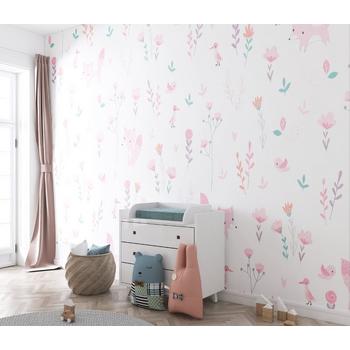Kız Çocuk Odası Duvar Kağıdı Pembe Çiçekler ve Tilkiler
