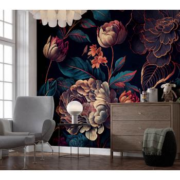 Koyu Renk Büyük Çiçekler Yatak Odası Duvar Kağıdı