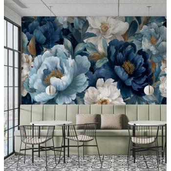 Mavi Tonlarda Büyük Çiçekler Duvar Kağıdı
