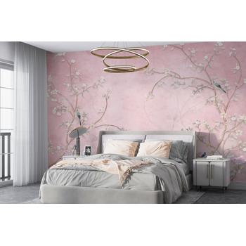 Pembe Arka plan Ağaç Dalları ve Kuşlar Vintage Tarz