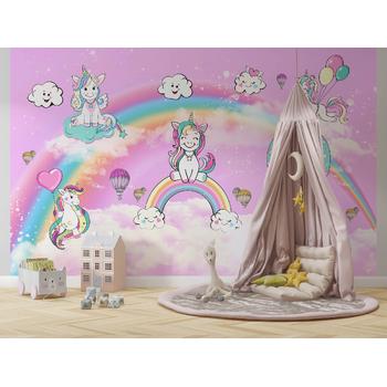 Pembe Bulutlar arasında Sevimli Unicornlar Kız Çocuk Odası Duvar Kağıdı