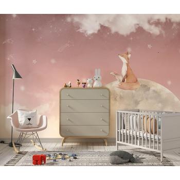 Pembe Gökyüzü ve Ay üzerinde Sevimli Tilki Çocuk Odası Duvar Kağıdı