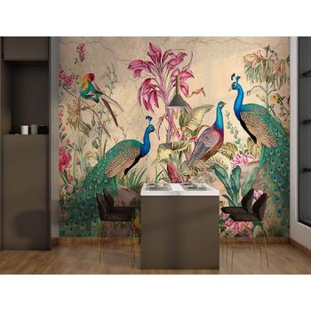 Renkli Çiçekler Arasında Tavus Kuşları Duvar Kağıdı