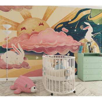 Renkli Gökyüzünde Sevimli Tavşanlar Çocuk Odası Duvar Kağıdı