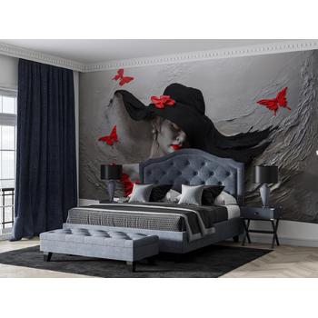 Siyah Şapkalı Kadın ve Kırmızı Kelebekler Duvar Kağıdı