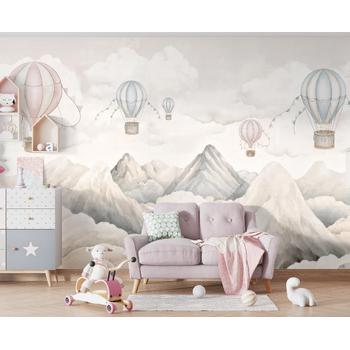 Suluboya tarz Dağlar ve Uçan Balonlar Çocuk odası Duvar Kağıdı