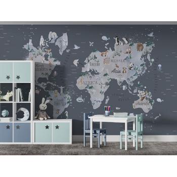 Suluboya Tarzında Sevimli Hayvanlar Çocuk Odası Dünya Haritası