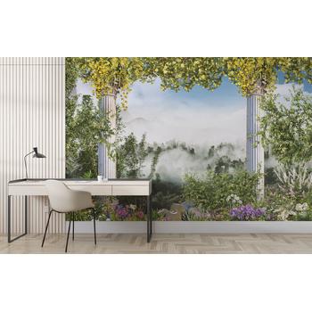 Sütunlar üzerinde Sarı güller ve renkli çiçekler Doğa manzarası duvar kağıdı