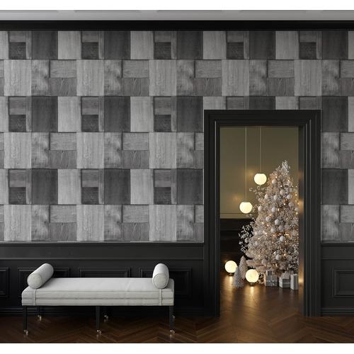 3 Boyutlu Siyah Beyaz Ahşap Kareler Duvar Kağıdı 5 m² Rulo 
