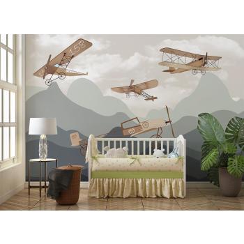 Dağlar ve Kanatlı Uçaklar Çocuk Odası Duvar Kağıdı