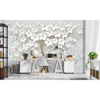 3D Boyutlu Ağaç ve Beyaz Çiçekler Duvar Kağıdı