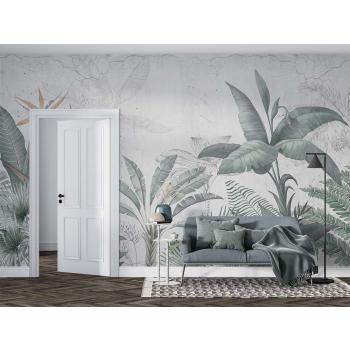 Beton Duvar Üzerinde Tropikal Yapraklar Duvar Kağıdı