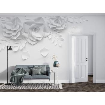 Beyaz Zemin Üzerinde Kabartma 3D Çiçekler Duvar Kağıdı