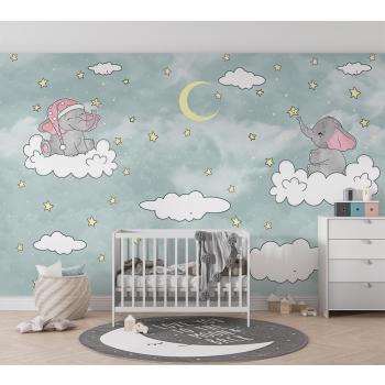 Bulut Üzerinde Sevimli Filler Çocuk Odası Duvar Kağıdı