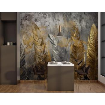 Büyük Gold Renk Yapraklar Duvar Kağıdı - 3D Duvar Kağıdı