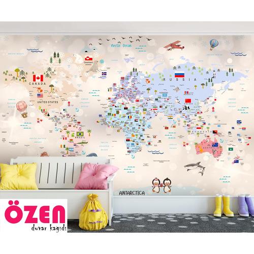 Çocuk Odası Dünya Haritası Duvar Kağıdı  200 X 130 cm