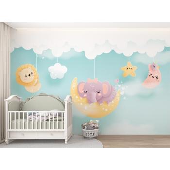 Çocuk Odası Duvar Kağıdı Bulut Üzerinde Sevimli Hayvanlar