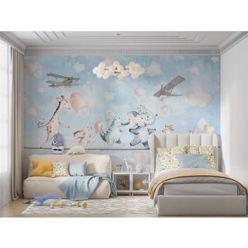 Çocuk Odası Duvar Kağıdı ip Üzerinde Hayvanlar 350x230 cm