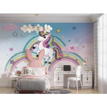 Gökkuşakları Üzerinde Unicorn Çocuk Odası Duvar Kağıdı