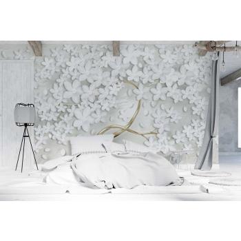 Gold Ağaç Gövdesi Beyaz Çiçekler 3D Duvar Kağıdı