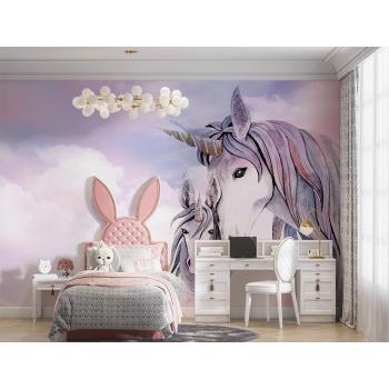 Pembe Bulutlar Üzerinde Unicorn Çocuk Odası Duvar Kağıdı
