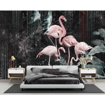 Pembe Flamingolar Tropikal Yapraklar Duvar Kağıdı