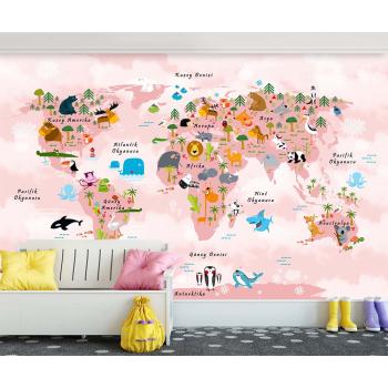 Pembe Tonlarında Eğitici Dünya Haritası Çocuk Odası Duvar Kağıdı
