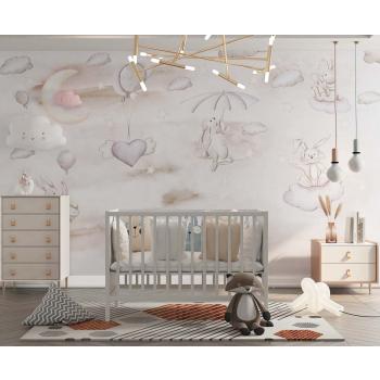 Sevimli Tavşanlar Bulutların Üzerinde Çocuk Odası Duvar Kağıdı