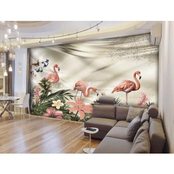 Tropikal Yapraklar ve Pembe Flamingolar Özel Tasarım Duvar Kağıdı